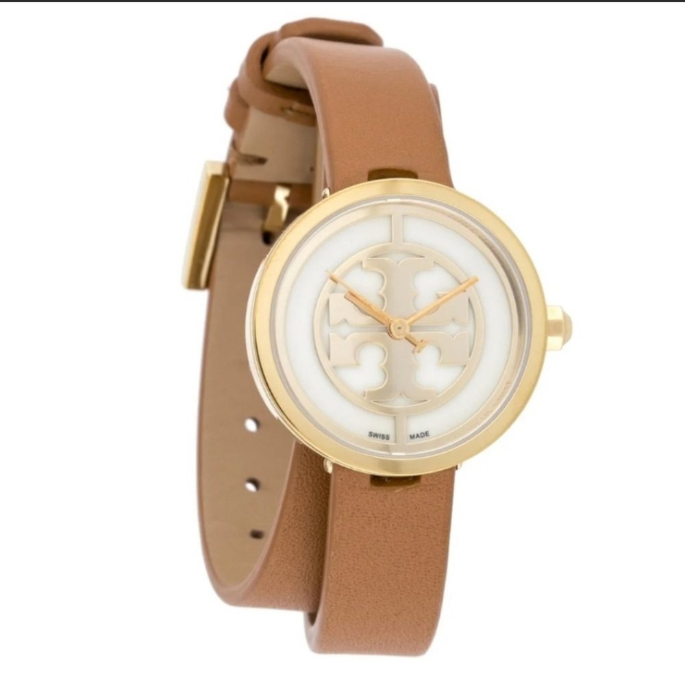 Tory Burch Gold-Tone Case White Dial Tan Double-Wrap Strap Watch